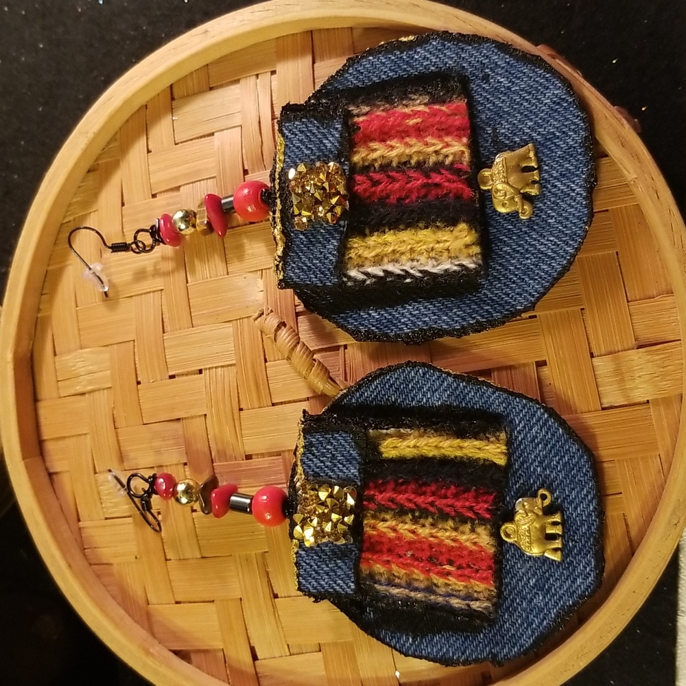 Denim and knitted yarn elephant earrings